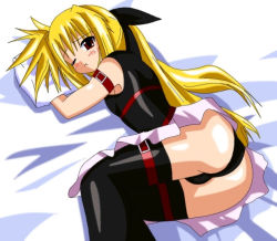 Rule 34 | 00s, 1girl, :t, arm belt, black panties, blonde hair, bow, fate testarossa, fate testarossa (original form), fetal position, from above, hair bow, long hair, looking up, lying, lyrical nanoha, mahou shoujo lyrical nanoha, on side, one eye closed, panties, pillow, red eyes, solo, thighhighs, underwear
