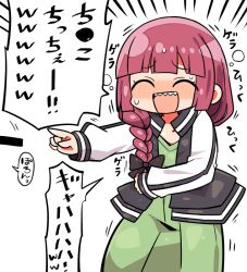 Rule 34 | 1girl, :d, ^ ^, black jacket, blunt bangs, blush, bocchi the rock!, braid, closed eyes, dress, green dress, hiroi kikuri, jacket, kanikama, laughing, long hair, long sleeves, open clothes, open jacket, open mouth, red hair, sharp teeth, simple background, single braid, smile, solo, speech bubble, teeth, translation request, upper teeth only, white background