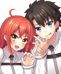 Rule 34 | 1boy, 1girl, :d, :p, ahoge, aqua eyes, blush, brown hair, fate/grand order, fate (series), fujimaru ritsuka (female), fujimaru ritsuka (male), highres, looking at viewer, nakamura hinato, open mouth, red hair, short hair, simple background, smile, tongue, tongue out, upper body, v, white background, yellow eyes