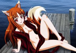 Rule 34 | 1girl, :d, alternate breast size, animal ears, arm support, barefoot, blush, breasts, brown hair, censored, cleavage, convenient censoring, dock, highres, holo, knee up, leaning back, long hair, looking at viewer, navel, nude, open mouth, orange hair, outdoors, red eyes, shinohara kenji, smile, solo, spice and wolf, tail, water, wolf ears, wolf tail
