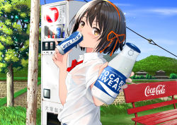 Rule 34 | bad id, bad pixiv id, bench, blue sky, bob cut, bottle, bow, bra, bra visible through clothes, breasts, cable, can, coca-cola, commentary, condensation, drink, drinking, gibun (sozoshu), giving, grass, hair bow, hair strand, hairband, highres, holding, holding bottle, holding can, holding drink, kimi no na wa., looking at viewer, miyamizu mitsuha, orange bow, orange hairband, pocari sweat, rice paddy, scenery, school uniform, see-through, shirt, short hair, sky, small breasts, solo, sweat, sweatdrop, tree, underwear, uniform, upper body, utility pole, vending machine, wet, wet clothes, white bra, white shirt, yellow eyes