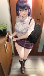 Rule 34 | 1girl, bag, black bag, black bra, blue eyes, blush, bow, bowtie, bra, bra visible through clothes, breasts, collared shirt, commentary request, door, drying, drying clothes, full body, hair between eyes, highres, indoors, large breasts, legs, loafers, looking at viewer, miniskirt, oekakizuki, open mouth, original, plaid, plaid skirt, purple hair, purple skirt, school bag, school uniform, see-through, see-through shirt, shirt, shoes, short sleeves, signature, skirt, smile, socks, solo, thighs, underwear, wet, wet clothes, wet floor, wet hair, wringing clothes, wringing skirt