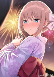 Rule 34 | 1girl, blue eyes, blurry, blurry background, blush, bow, fireworks, floral print, hair bow, japanese clothes, kimono, light brown hair, looking at viewer, looking back, nekokobushi, open mouth, original, own hands together, pink kimono, solo, summer festival, sweatdrop, twitter username, white bow, yukata