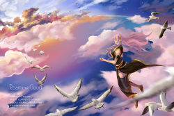Rule 34 | 1girl, armband, bad id, bad pixiv id, bare shoulders, bird, black skirt, blue eyes, boots, character name, clothes lift, cloud, english text, female focus, flying, full body, headphones, long hair, long skirt, megurine luka, outdoors, pink hair, side slit, skirt, skirt lift, sky, sleeveless, sleeveless turtleneck, solo, thighhighs, turtleneck, uka (azraeluka), upskirt, vocaloid