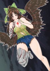 Rule 34 | 1girl, alternate costume, armor, asymmetrical clothes, bare legs, bird wings, bow, brown eyes, brown hair, butakimu, camisole, denim, denim shorts, covered erect nipples, floating, gauntlets, gluteal fold, hair bow, highres, light rays, long hair, looking at viewer, reiuji utsuho, short shorts, shorts, single thighhigh, smile, solo, thighhighs, torn clothes, touhou, twilight, wings