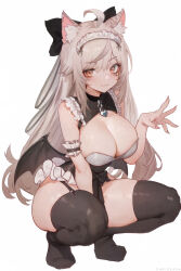 Rule 34 | 1girl, :3, absurdres, ahoge, animal ear fluff, animal ears, arm garter, artist name, black bow, black thighhighs, black wings, blue brooch, bow, breasts, brooch, brown eyes, cat ears, cat girl, chrisdasa, cleavage, cleavage cutout, closed mouth, clothing cutout, commentary, commission, demon wings, english commentary, fingernails, frills, grey hair, hair between eyes, hair bow, heart, heart brooch, highres, jewel under eye, jewelry, large breasts, light blush, long fingernails, long hair, looking at viewer, low wings, maid headdress, nail polish, no shoes, original, pink nails, sidelocks, simple background, smile, solo, squatting, thighhighs, v-shaped eyebrows, very long hair, white background, wings
