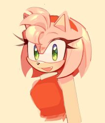 Rule 34 | 1girl, amy rose, animal ears, animal nose, bare shoulders, breasts, dress, eyelashes, fang, furry, furry female, green eyes, hairband, hedgehog ears, hedgehog girl, highres, looking at viewer, medium breasts, open mouth, pink fur, red dress, red hairband, simple background, sleeveless, sleeveless dress, smile, solo, sonic (series), upper body, xammyoowah, yellow background