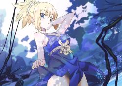 Rule 34 | 1girl, arm behind head, bd nakashiki, blonde hair, blue dress, blue eyes, blue theme, blurry, blurry background, breasts, choker, cleavage, clothes lift, cowboy shot, dr. stone, dress, dress lift, highres, kohaku (dr. stone), lifting own clothes, light particles, looking at viewer, medium breasts, parted lips, patch, rope, short hair, short ponytail, sidelocks, sleeveless, sleeveless dress, solo, standing, white choker