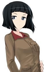 Rule 34 | 1girl, absurdres, aikir (jml5160), black eyes, black hair, blunt bangs, blunt ends, bob cut, brown jacket, chi-hatan military uniform, closed mouth, commentary, girls und panzer, hand on own hip, highres, jacket, light frown, long sleeves, looking at viewer, military, military uniform, nishihara yasoko, short hair, simple background, solo, uniform, upper body, white background