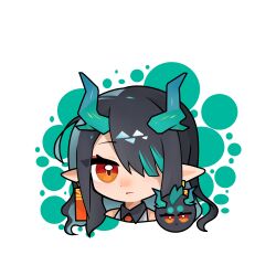 Rule 34 | 1girl, absurdres, arknights, black hair, chibi, chinese commentary, closed mouth, commentary request, cropped shoulders, dragon bubble (arknights), dragon girl, dragon horns, dusk (arknights), earrings, expressionless, green hair, green horns, hair over one eye, highres, horns, jewelry, long hair, looking at viewer, multicolored hair, one eye covered, orange eyes, pointy ears, portrait, solo, streaked hair, white background, xinjinjumin (zhu jin fanselit)