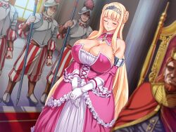 Rule 34 | blonde hair, blush, breasts, cleavage, closed eyes, crown, curvy, dress, elisabeth von elstein, gloves, guards, huge breasts, jewelry, long hair, necklace, neroma shin, nipples through clothes, pink dress, princess, ring, smile, straight hair, white gloves
