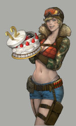 Rule 34 | 1girl, absurdres, bandaid, bandaid on face, beanie, belt, birthday cake, blonde hair, blue eyes, bomb, breasts, cake, camouflage, character request, cleavage, explosive, food, fur trim, grey background, grin, hat, highres, large breasts, lips, midriff, namgwon lee, navel, point blank (game), short hair, short shorts, shorts, smile, solo, thigh strap, thong