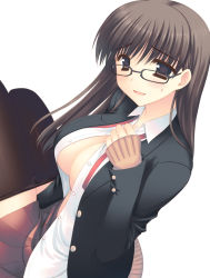 Rule 34 | 1girl, blazer, breasts, brown eyes, brown hair, cleavage, clothes pull, glasses, jacket, large breasts, long hair, open clothes, open shirt, original, pantyhose, pantyhose pull, school uniform, shirt, sleeves past wrists, solo, takano miki