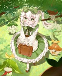 Rule 34 | 1girl, 5others, alternate costume, apron, aranara (genshin impact), bad hands, blush, bow, bowtie, branch, brown footwear, commentary, dappled sunlight, dress, flower-shaped pupils, frilled dress, frills, full body, genshin impact, gradient hair, grass, green bow, green bowtie, green dress, green eyes, green hair, hair bow, highres, holding, holding suitcase, long hair, long sleeves, looking at viewer, looking up, multicolored hair, multiple others, nahida (genshin impact), open mouth, outdoors, pantyhose, pointy ears, pomufuwari, side ponytail, smile, suitcase, sunlight, symbol-shaped pupils, tree, waist apron, walking, white hair, white pantyhose