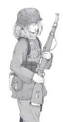 Rule 34 | 1girl, absurdres, ammunition pouch, bolt action, chest rig, german army, german text, gun, half-closed eyes, helmet, highres, holding, holding gun, holding weapon, long sleeves, looking to the side, mauser 98, medium hair, messy hair, military, combat helmet, military uniform, monochrome, open mouth, original, pouch, rifle, scarf, shichisaburo, short hair, simple background, solo, stahlhelm, uniform, weapon, world war ii