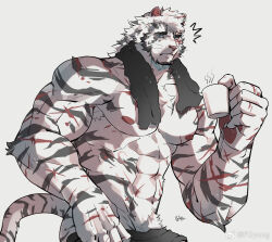Rule 34 | 1boy, abs, after bathing, animal ears, arknights, ass, bara, blue eyes, bulge, cup, erection, erection under clothes, facial hair, from side, furry, furry male, goatee, highres, holding, holding cup, large hands, large pectorals, looking at viewer, male focus, male pubic hair, mature male, messy hair, mountain (arknights), mug, muscular, muscular male, navel, navel hair, nipples, notice lines, nude, out-of-frame censoring, pectorals, ppyong, pubic hair, scar, scar across eye, scar on arm, short hair, solo, stomach, thick eyebrows, tiger boy, tiger ears, tiger stripes, towel, towel around neck, wet, wet hair, whiskers, white fur, white hair