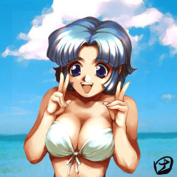 Rule 34 | 1girl, banpresto, bikini, blue background, blue eyes, blue hair, breasts, cleavage, cloud, day, double v, front-tie bikini top, front-tie top, hisahiko, kusuha mizuha, large breasts, lowres, matching hair/eyes, outdoors, solo, super robot wars, swimsuit, teeth, upper teeth only, v