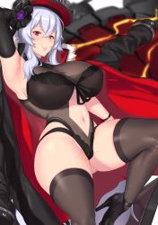 Rule 34 | 1girl, arm support, armpits, aster crowley, azur lane, black footwear, black one-piece swimsuit, black thighhighs, breasts, cleavage, cleft of venus, closed mouth, clothing cutout, commentary request, covered erect nipples, crossed bangs, flower, fur trim, graf zeppelin (azur lane), graf zeppelin (beachside urd) (azur lane), hair between eyes, hair flower, hair ornament, hand up, hat, head tilt, high heels, highres, jacket, jacket on shoulders, large breasts, long hair, looking at viewer, navel, navel cutout, one-piece swimsuit, peaked cap, red eyes, see-through, sidelocks, silver hair, simple background, solo, swimsuit, thighhighs, thighs, very long hair