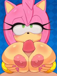 Rule 34 | 1boy, 1girl, absurdres, amy rose, blush, breasts, excito, fellatio, hetero, highres, large areolae, large breasts, looking at viewer, nail polish, oral, paizuri, penis, pov, pov crotch, solo focus, sonic (series)