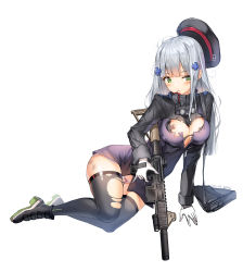 Rule 34 | 1girl, :o, assault rifle, bag, beret, black footwear, black hat, blush, boots, bow, bow panties, breasts, cleavage, commentary, dduck kong, facial mark, finger on trigger, girls&#039; frontline, gloves, green eyes, grey thighhighs, gun, h&amp;k hk416, hair ornament, hat, head tilt, heckler &amp; koch, highres, hk416 (girls&#039; frontline), holding, holding gun, holding weapon, jacket, large breasts, long hair, long sleeves, looking at viewer, name connection, object namesake, panties, parted lips, purple jacket, rifle, shoulder bag, signature, silver hair, simple background, solo, thighhighs, torn clothes, torn jacket, torn thighhighs, underwear, unworn hat, unworn headwear, weapon, white background, white gloves, white panties