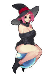 Rule 34 | 1girl, absurdres, aged down, baba (dragon ball), between legs, black footwear, black hat, black shirt, blouse, breasts, cleavage, dragon ball, fengmo, full body, gradient hair, hand between legs, hat, hat ribbon, highres, large breasts, long sleeves, looking at viewer, multicolored hair, off shoulder, orb, pink eyes, pink hair, red ribbon, ribbon, shirt, simple background, sitting, smile, solo, thighs, white background, witch hat