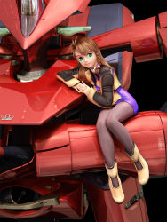 Rule 34 | 00s, 1girl, 3d, antenna hair, aqua eyes, boots, braid, breasts, brown hair, cleavage, cleavage cutout, clothing cutout, dress, game, glasses, green eyes, highres, jacket, leaning, lipstick, long hair, makeup, mecha, on mecha, own hands clasped, own hands together, pantyhose, reflection, robot, shion uzuki, short dress, side braid, sitting, small breasts, smile, solo, turtleneck, xeno (series), xenosaga