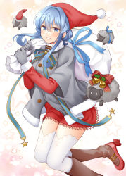 Rule 34 | 1girl, animal, blue eyes, blue hair, blush, christmas, commentary, fur-trimmed sleeves, fur trim, gloves, gotland (kancolle), grey gloves, hair between eyes, hat, holding, holding sack, kantai collection, long sleeves, medium hair, mole, mole under eye, open mouth, pom pom (clothes), red hat, revision, rudder footwear, rui shi (rayze ray), sack, santa costume, santa hat, sheep, smile, solo, star (symbol), thighhighs, white thighhighs
