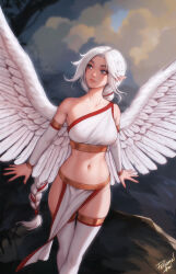 Rule 34 | 1girl, angel, angel wings, artist name, bare shoulders, blue eyes, braid, breasts, cassandra (personal ami), cleft of venus, collarbone, commentary, detached sleeves, highres, large breasts, long braid, long hair, long sleeves, looking to the side, midriff, navel, original, pelvic curtain, personal ami, pointy ears, single braid, solo, thick eyebrows, thigh gap, thighhighs, very long hair, white hair, white thighhighs, white wings, wings