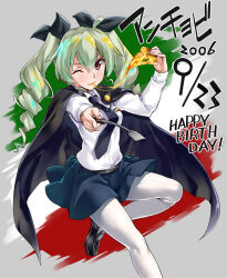 Rule 34 | 10s, 1girl, anchovy (girls und panzer), black footwear, cape, chikugen shiina, drill hair, food, girls und panzer, green hair, hair ribbon, looking at viewer, necktie, one eye closed, pantyhose, pizza, red eyes, ribbon, riding crop, shirt, shoes, skirt, solo, twin drills, twintails, uniform, white pantyhose, white shirt