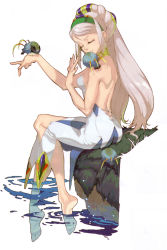 Rule 34 | 1girl, animal, animal on shoulder, avril vent fleur, backless dress, backless outfit, bare back, bare shoulders, barefoot, bird, bird on hand, bird on shoulder, closed eyes, dress, artistic error, feet, fingernails, full body, hairband, highres, official art, sasaki tomomi, sitting, soaking feet, solo, water, white background, wild arms, wild arms 5