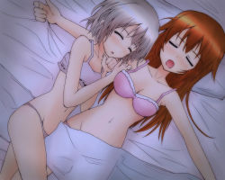 Rule 34 | 00s, 2girls, bed, bra, charlotte e. yeager, hanyu, lingerie, long hair, multiple girls, navel, open mouth, orange hair, panties, pillow, sanya v. litvyak, short hair, silver hair, sleeping, strike witches, underwear, underwear only, world witches series, yuri