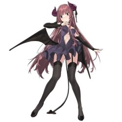 Rule 34 | 1girl, bat wings, black footwear, black ribbon, black sleeves, black thighhighs, blush, center opening, closed mouth, demon horns, demon tail, detached sleeves, dress, embarrassed, full body, garter straps, girls&#039; frontline, hair down, hanazono yurine, high heels, highres, horn ornament, horn ribbon, horns, jashin-chan dropkick, long hair, low horns, low wings, navel, nishiro ryoujin, official alternate costume, official art, purple dress, red eyes, red hair, ribbon, simple background, solo, standing, tail, thighhighs, third-party source, transparent background, very long hair, wings