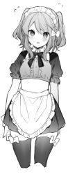 Rule 34 | 1girl, apron, blush, bow, bowtie, braid, cowboy shot, cropped legs, flying sweatdrops, greyscale, hair bow, head tilt, highres, ikeuchi tanuma, looking at viewer, maid, maid apron, maid headdress, medium hair, miniskirt, monochrome, original, parted lips, puffy short sleeves, puffy sleeves, short sleeves, simple background, skirt, solo, standing, sweat, thighhighs, twintails, waist apron, white background
