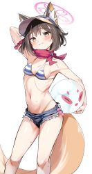 Rule 34 | 1girl, absurdres, animal ear fluff, animal ears, arm up, ball, beachball, bikini, bikini under clothes, blue archive, blush, breasts, brown hair, cutoffs, feet out of frame, fox ears, fox girl, fox tail, halo, highres, holding, holding ball, izuna (blue archive), izuna (swimsuit) (blue archive), kandori, looking at viewer, navel, raised eyebrows, ribs, scarf, short hair, short shorts, shorts, sideboob, simple background, small breasts, smile, solo, standing, string bikini, striped bikini, striped clothes, sweat, swimsuit, tail, visor cap, white background, yellow eyes