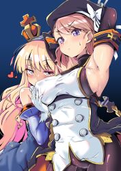 Rule 34 | 2girls, azur lane, black headwear, blonde hair, blue hairband, blue sleeves, blush, breasts, closed mouth, commentary request, covered erect nipples, detached sleeves, edoara, grabbing, grabbing another&#039;s breast, green eyes, hairband, hat, highres, implied yuri, long hair, looking at viewer, medium breasts, multiple girls, pink hair, purple eyes, queen elizabeth (azur lane), short hair, yuri, z23 (azur lane)