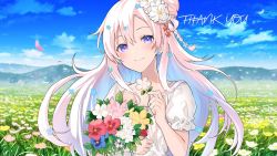 Rule 34 | 1girl, blue flower, blush, commentary, english commentary, flower, hair flower, hair ornament, holding, holding flower, indie virtual youtuber, kgr, lyrica (vtuber), mountain, pink flower, purple eyes, red flower, second-party source, shirt, sky, solo, thank you, virtual youtuber, white shirt