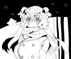 Rule 34 | 1girl, blush, breasts, breath, buttons, coat, elsie-san (oshiruko), greyscale, huge breasts, looking at viewer, monochrome, original, oshiruko (tsume), scarf, short hair with long locks, sketch, solo, star (symbol), two side up, wavy hair