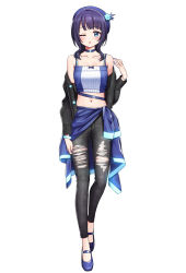Rule 34 | 1girl, :o, ;o, asaka karin, bare shoulders, black jacket, black pants, blue choker, blue eyes, blue footwear, blue hair, blue hat, blush, breasts, choker, clothes around waist, collarbone, crop top, cropped jacket, deadnooodles, flower, full body, hand up, hat, hat flower, highres, jacket, looking at viewer, love live!, love live! nijigasaki high school idol club, midriff, mole, mole on collarbone, navel, one eye closed, open mouth, pants, shoes, short hair, simple background, smile, solo, standing, stomach, sweater, sweater around waist, torn clothes, torn pants, white background