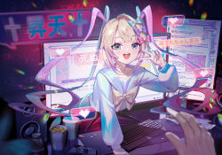 Rule 34 | blunt bangs, bow, chouzetsusaikawa tenshi-chan, chromatic aberration, collarbone, controller, dress, drugs, hair bow, heart, highres, holographic clothing, icon (computing), internet, iridescent, keyboard (computer), large bow, mio-muo1206, monitor, mouse (computer), multicolored nails, multiple hair bows, nail polish, needy girl overdose, outstretched arm, pill, pin, pleated dress, quad tails, sidelocks, silver hair, speaker, translation request, v, water, window (computing), windows desktop