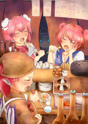Rule 34 | 4girls, alternate costume, animal ears, arm support, bandages, blue eyes, blush, bottle, braid, breasts, cleavage, color connection, double bun, drunk, closed eyes, female focus, food, food stand, grill, hair bobbles, hair ornament, hat, ibaraki kasen, japanese clothes, kappa, kouzilow, medium breasts, multiple girls, music, mystia lorelei, noren, oden, okamisty, onozuka komachi, open mouth, pink hair, pinky out, radio, red eyes, rod of remorse, shiki eiki, short hair, singing, touhou, twin braids, twintails, two side up, wings