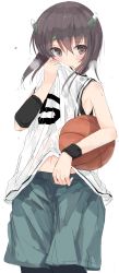 Rule 34 | 10s, 1girl, absurdres, alternate costume, ball, bare shoulders, basketball, basketball (object), basketball uniform, blush, breath, brown eyes, brown hair, headband, headgear, highres, kantai collection, nao (qqqbb), navel, open mouth, shorts, simple background, solo, sportswear, sweat, taihou (kancolle), teeth, white background, wristband