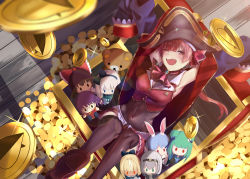 Rule 34 | 1girl, absurdres, arenoyoni, armpits, cleavage, coin, hat, highres, hololive, houshou marine, leotard, leotard under clothes, long hair, long sleeves, looking at viewer, navel, one eye closed, open mouth, pirate, pirate hat, red eyes, red hair, red ribbon, ribbon, see-through, see-through cleavage, see-through leotard, solo, stuffed toy, thighhighs, tooth, treasure chest, usada pekora, usada pekora (1st costume), virtual youtuber