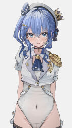 Rule 34 | 1girl, alternate costume, appleseed (appleseed art), ascot, blue ascot, blue eyes, blue hair, blush, bow, choker, commentary, covered navel, cropped shirt, crossed bangs, crown, epaulettes, gloves, hair between eyes, hair bow, hat, highres, hip bones, hololive, hoshimachi suisei, leotard, looking at viewer, mini crown, navel, side ponytail, sidelocks, solo, star-shaped pupils, star (symbol), star choker, symbol-only commentary, symbol-shaped pupils, virtual youtuber, white leotard