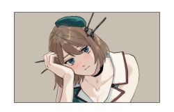 Rule 34 | 1girl, beret, black choker, blue eyes, blue hat, blush, breasts, brown hair, choker, cleavage, closed mouth, commentary request, hair ornament, hat, head rest, headgear, highres, kantai collection, looking at viewer, maya (kancolle), maya kai ni (kancolle), portrait, shishanmo, short hair, simple background, sleeveless, solo, x hair ornament