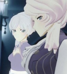 Rule 34 | 2girls, blue eyes, breast envy, breasts, foxyrenart, large breasts, mature female, mother and daughter, multiple girls, roosterteeth, rwby, small breasts, weiss schnee, white hair, willow schnee