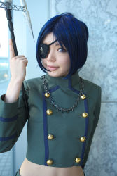Rule 34 | 1girl, asian, blue hair, breasts, chrome dokuro, color contacts, cosplay, eyepatch, female focus, highres, indoors, katekyo hitman reborn!, looking at viewer, makeup, mascara, midriff, namada, photo (medium), pleated skirt, polearm, short hair, skirt, small breasts, solo, spear, standing, trident, uniform, weapon, window