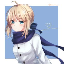 Rule 34 | 1girl, absurdres, ahoge, arms behind back, artoria pendragon (all), artoria pendragon (fate), blue background, blue scarf, blush, braid, closed mouth, coat, commentary request, fate/stay night, fate (series), green eyes, hair bun, highres, long sleeves, looking at viewer, official alternate costume, saber (fate), scarf, short hair, simple background, single hair bun, smile, solo, tanaji, twitter username, upper body, white coat