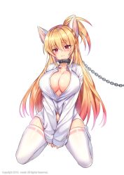 Rule 34 | 1girl, absurdres, animal ears, bad id, bad pixiv id, blonde hair, blush, breasts, brown eyes, cat ears, cat tail, chain, chain leash, cleavage, clenched teeth, collar, covering privates, covering crotch, dress shirt, full body, highres, kneeling, large breasts, leash, long hair, maett, no bra, no pants, open clothes, open shirt, original, panties, ponytail, shirt, simple background, skindentation, solo, spread legs, tail, teeth, thighhighs, unbuttoned, underwear, v arms, very long hair, white background, white panties, white shirt, white thighhighs