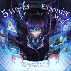 Rule 34 | 1girl, album cover, blue hair, blue necktie, bread, cake, collared shirt, commentary request, cover, dessert, drooling, english text, food, frilled shirt, frills, fruit, highres, necktie, original, pizza, pizza slice, ray-k, shirt, side ponytail, solo, strawberry, wavy mouth