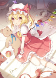 Rule 34 | 1girl, 6u (eternal land), apple, bad id, bad pixiv id, blonde hair, blouse, blush, book, broken, crystal, cup, flandre scarlet, food, frills, from above, fruit, gloves, hair between eyes, hat, hat ribbon, holding, holding stuffed toy, key, looking at viewer, marble (toy), mob cap, on bed, open mouth, pillow, puffy sleeves, red eyes, ribbon, sash, shirt, short hair, short sleeves, side ponytail, sitting, skirt, skirt set, solo, stuffed animal, stuffed toy, teacup, teddy bear, text focus, thighs, touhou, vest, white gloves, white hat, white shirt, wings